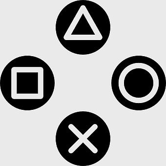 PlayStation controller buttons, PlayStation game symbols, video game console icons, game controller symbols, gaming interface elements, interactive button design, digital game controls