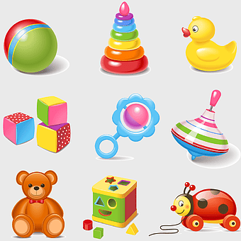 cartoon children toys, happy birthday toy icons, baby toys material, flat design kids toys, educational playthings, colorful children's toys, playful cartoon objects