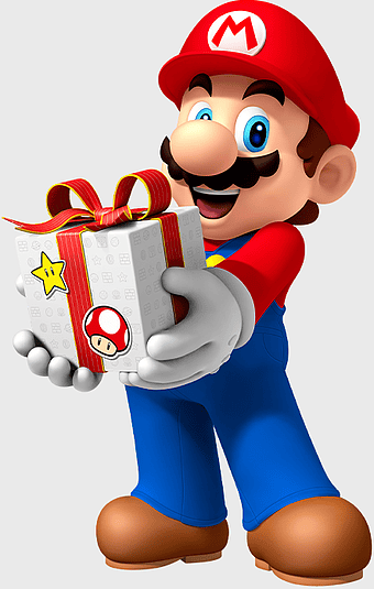 Mario holding gift, Super Mario Bros. Christmas, Nintendo 3DS game art, Mario Luigi Superstar Saga, Mario festive illustration, video game character art, cartoon gaming mascot