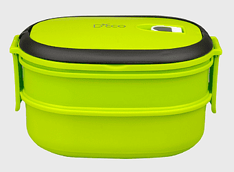 green bento lunchbox, oval plastic container, tiffin carrier with lid, microwave-safe lunchbox, portable food storage solution, compact school lunch, eco-friendly meal prep