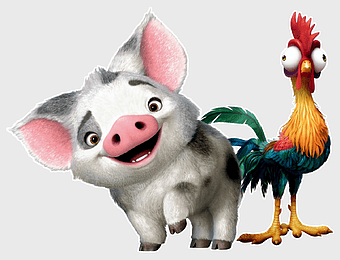 Moana Hei Hei and Pua, Disney Moana characters, Moana adventure film, Disney Moana Essential Guide, cartoon animal companions, tropical island adventure, animated rooster and pig duo