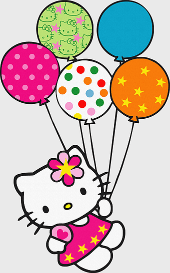 Hello Kitty balloons, happy birthday party, flower petal art, mylar balloon supply, festive cartoon character, colorful celebration, playful kitty design