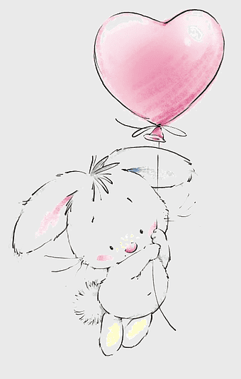 Easter Bunny holding heart balloon, painted rabbit illustration, happy birthday rabbit art, cartoon rabbit with pink heart, whimsical animal art, festive spring drawing, cute bunny celebration