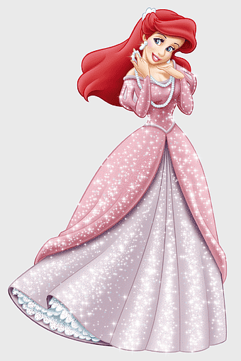 Ariel in pink glitter gown, Disney Princess illustration, The Little Mermaid character, Ariel costume design, fairy tale princess art, magical mermaid attire, enchanted gown depiction