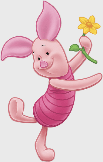 Piglet holding flower, Winnie the Pooh character, cartoon piglet, pink piglet, playful piglet, children's book illustration, cute animal cartoon