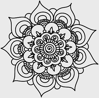 mandala coloring book, floral wreath design, black and white symmetry, sacred geometry art, intricate line art, decorative flower pattern, meditative art piece