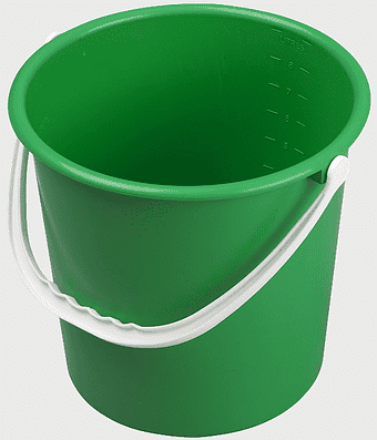 plastic bucket with handle, green pail container, liter measurement jug, plastic tableware bucket, utility storage container, gardening water vessel, household cleaning vessel