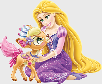 Rapunzel with Pascal, Disney Princess Rapunzel, Tangled cartoon character, Rapunzel purple dress, magical fairy tale princess, enchanted forest scene, whimsical Disney art