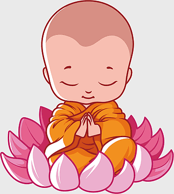 Vesak Buddhism Cartoon, child seat lotus, Buddha's Birthday celebration, happy child Buddha, meditation practice, spiritual enlightenment, pink lotus flower art