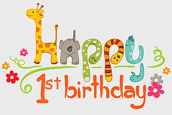 Happy 1st birthday card, giraffe and elephant illustration, child's birthday celebration, festive animal design, colorful party graphics, whimsical birthday art, baby milestone greeting