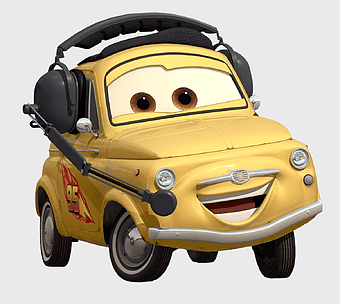 Luigi Cars 2, compact vintage car, Pixar city vehicle, yellow automotive design, cartoon car character, animated vehicle illustration, Italian car mascot