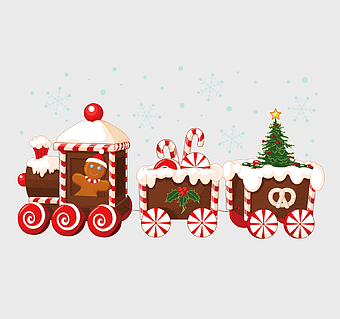 Christmas train decoration, cartoon Christmas car design, Santa Claus creative train, holiday candy cane art, festive gingerbread train, winter holiday illustration, snowflake Christmas scene
