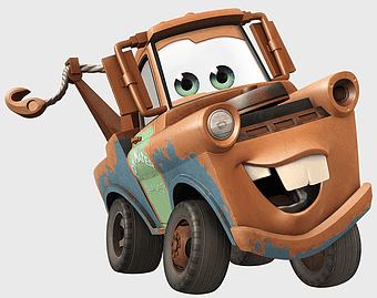 Disney Pixar Cars Tow Mater, Disney Infinity Marvel Super Heroes, vintage car character, Pixar automotive design, animated vehicle illustration, cartoon tow truck, classic movie car