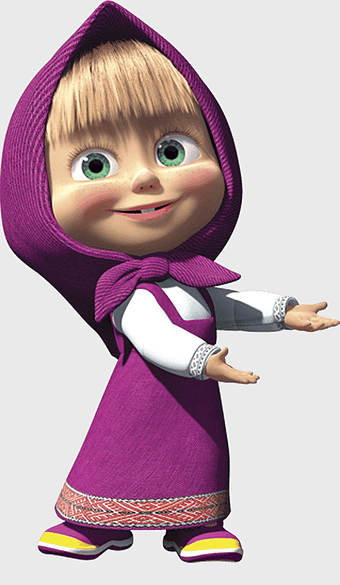 Masha 3D illustration, purple child costume, Masha and the Bear character, violet toddler outfit, animated cartoon figure, festive party decoration, bear-themed birthday