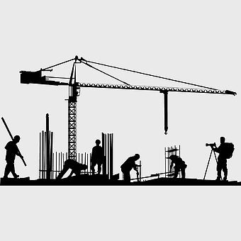 construction site silhouette, monochrome architectural structure, civil engineering project, black and white labor scene, building construction workers, crane and scaffolding, industrial development illustration