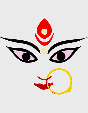Durga Puja illustration, Parvati Bhavani eyes, Hindu goddess art, Navaratri puja symbols, divine feminine iconography, spiritual line art, sacred red bindi