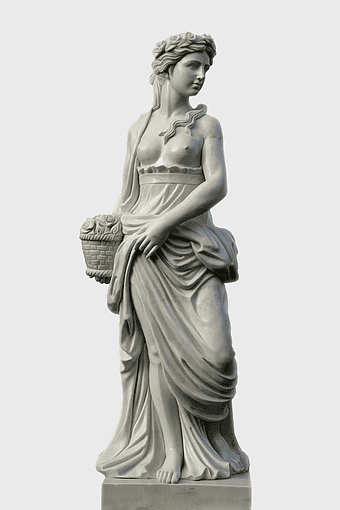 woman holding basket statue, Roman sculpture figurine, women in the arts monument, classical sculpture art, ancient female statue, marble art piece, elegant female sculpture