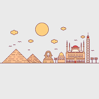 Egyptian pyramids illustration, Cairo landmarks design, ancient Egypt icons pattern, Egyptian Sphinx drawing, desert architecture art, Egyptian heritage visuals, pyramid temple scene