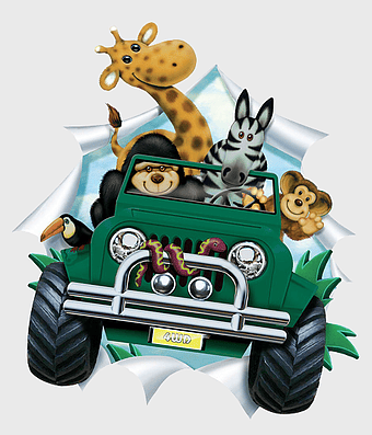 Safari Jeep illustration, green car with animals, jeep safari adventure, happy man with jungle animals, cartoon animal safari, fun safari ride, wildlife vehicle art