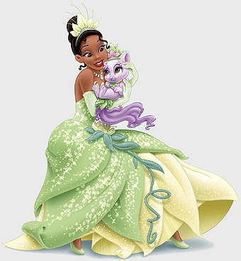 green dressed Disney Princess, Disney Princess Palace Pets, Tiana and her pet, Princess and the Frog character, fairy tale princess, magical pet companion, enchanted forest theme