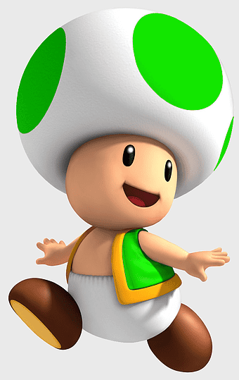 Super Mario Bros. Toad, Super Mario 3D World character, green mushroom cap, Toad Town mascot, Nintendo video game art, cartoon character design, mushroom-themed video game figure