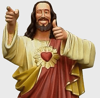Jesus Christ figurine, Buddy Christ thumbs up, religion meme, Dogma film character, sacred heart statue, religious iconography, pop culture deity