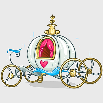 Cinderella Carriage Pumpkin, white and gold carriage art, fairy tale transportation, Disney Princess carriage, enchanted pumpkin vehicle, magical royal transport, whimsical storybook carriage