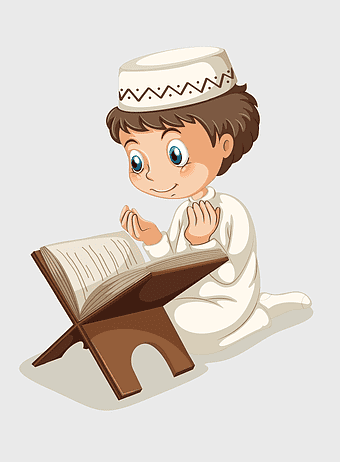 Muslim boy reading Quran, Islamic child prayer, Ramadan cartoon illustration, boy kneeling while reading, religious education for kids, spiritual learning for children, Islamic faith practices
