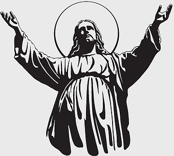 Jesus Christ silhouette, Christian cross decal, black and white line art, prayer mural, religious iconography, spiritual artwork, divine figure illustration