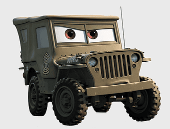 Sarge Disney Pixar Cars, Lightning McQueen and Mater characters, military vehicle illustration, car tire detail, animated vehicle design, cartoon jeep art, automotive character rendering