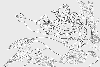Ariel Mermaid coloring pages, King Triton line art, Disney Princess black and white, mermaid fantasy drawing, underwater scene illustration, sea creature sketch, ocean life artwork