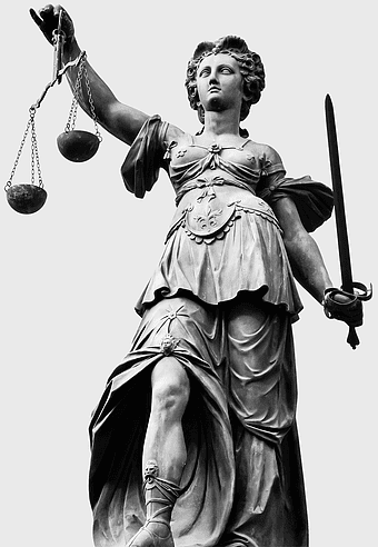 Poetic Justice Statue, Classical Lady Justice, monochrome sculpture, Hopkins Law Office monument, timeless judicial icon, balanced justice representation, grayscale artistic figure
