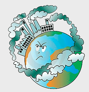 Air pollution illustration, soil contamination effects, water pollution impact, environmental pollution drawing, earth with industrial smoke, factory emissions graphic, polluted ecosystem depiction