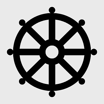 Buddhist Dharmachakra Symbol, Dharma Wheel Art, Gautama Buddha Icon, Black White Religious Icon, Buddist Wheel of Life, Spiritual Enlightenment Symbol, Monochrome Religion Sign