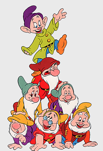 Snow White's Seven Dwarfs, Disney Princess characters, cartoon dwarfs illustration, fictional character group, classic fairy tale, animated character stack, whimsical fantasy art