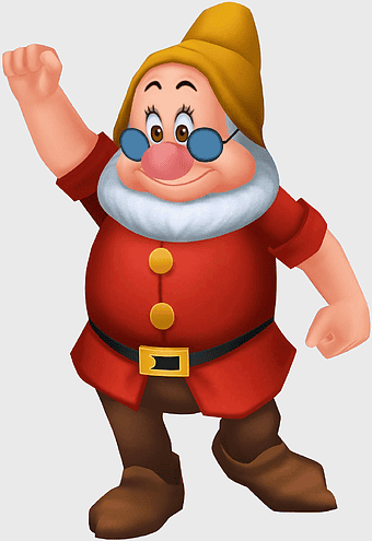 Snow White and the Seven Dwarfs character, Disney cartoon Dopey Dwarf, Grumpy Sneezy and Bashful dwarves, Walt Disney Company mascot, fantasy gnome figure, whimsical fairy tale hero, cheerful dwarven character art