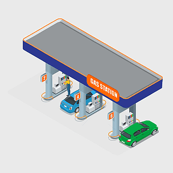 gas station illustration, fuel pump design, vehicle refueling station, isometric gas station, automotive fueling, transportation fueling infrastructure, energy supply point