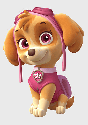 Paw Patrol Skye, Cockapoo Puppy, birthday party sticker, purple toy, cartoon dog, children's party decor, animated character illustration