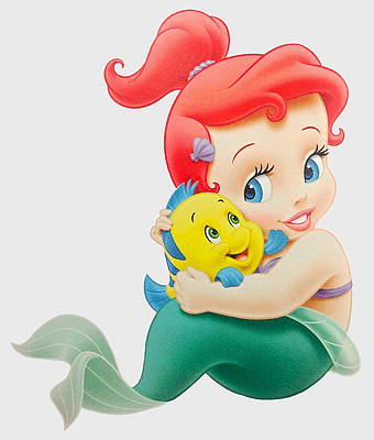 Ariel Disney Princess, Little Mermaid cartoon, baby Ariel figurine, Disney fantasy drawing, mermaid character art, underwater fantasy illustration, princess and fish companion