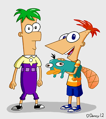 Phineas and Ferb characters, Perry the Platypus, Dr. Heinz Doofenshmirtz, cartoon characters, animated TV show, creative art, summer fun theme