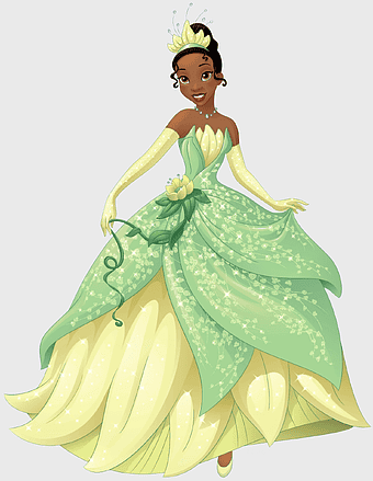 Disney Princess Tiana, Princess and the Frog character, Tiana green gown, Tiana cartoon illustration, Disney princess fashion, fairy tale princesses, animated royal attire