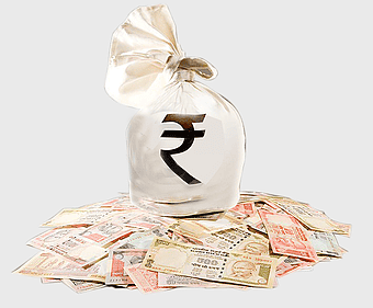 Indian rupee money bag, rupee banknotes illustration, Indian currency symbol, money saving bag, financial wealth icon, cash investment image, rupee funding concept