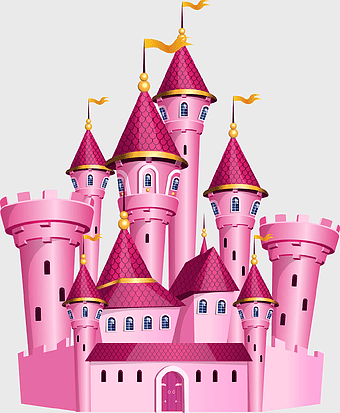 Disney Princess castle, pink cartoon castle, magenta fairy tale castle, Disney Princess drawing, enchanted castle illustration, fantasy castle art, princess kingdom backdrop