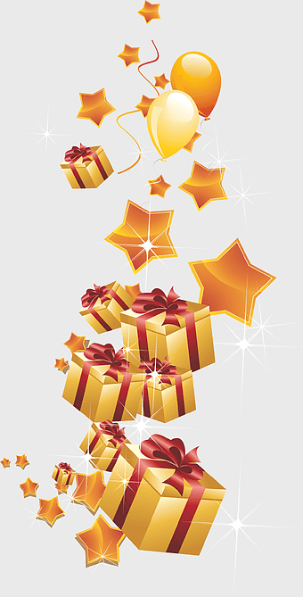 golden gift box, happy birthday card, golden balloons, celebration gift, festive gift illustration, party decoration, gift box with stars