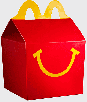 McDonald's Happy Meal box, cheeseburger meal packaging, fast food kids meal, red and yellow branding, children's meal deal, quick service restaurant meal, takeaway food container