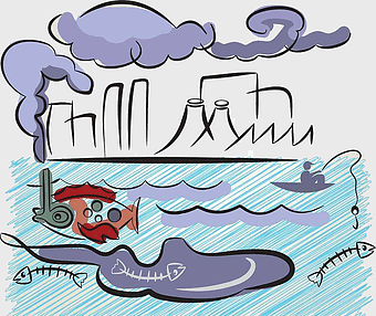 polluted sea cartoon, water pollution illustration, marine pollution effects, waste pond contamination, environmental damage depiction, factory pollution impact, aquatic ecosystem disruption