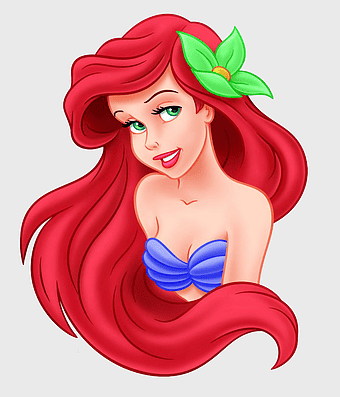 Ariel Disney Princess, Little Mermaid cartoon character, Ariel with green flower, blue seashell top, underwater fantasy art, mermaid with vibrant red hair, Disney animation style