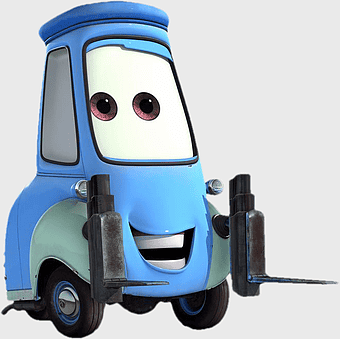 Luigi Cars character, Pixar animated vehicle, Radiator Springs tow truck, Walt Disney Company animation, animated car design, forklift vehicle art, cartoon car illustration