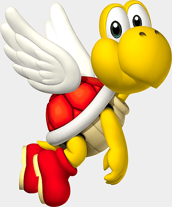 red turtle illustration, Mario Kart Double Dash, Koopa Paratroopa, Super Mario Bros, cartoon turtle character, flying turtle art, video game character design