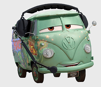 Lightning McQueen, Volkswagen Type 2, Fillmore, Pixar Cars, retro van art, animated vehicle character, classic car design